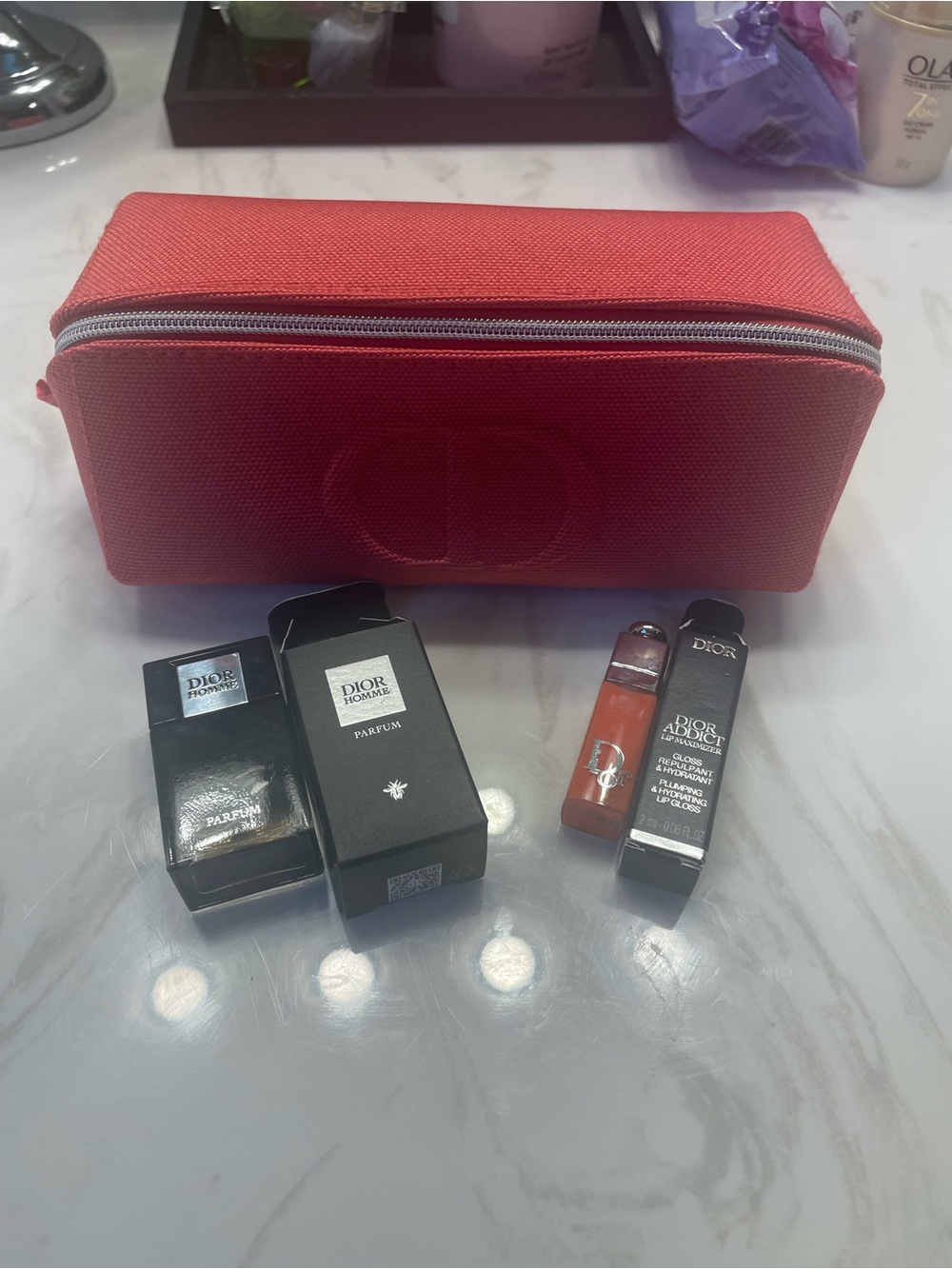 DIOR  Cosmetic Pouch with Dior Mini Lip Gloss & Dior mini perfume all new!